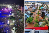 Imagens de Copacabana em show da Madonna [à esq.]; Imagens da enchente no RS [à dir.]. (Fotos: Fabio Motta/Prefeitura do Rio / Lauro Alves/Instagram/governo_rs). 