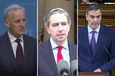 Jonas Gahr Store, primeiro-ministro da Noruega; Simon Harris, primeiro-ministro da Irlanda; Pedro Sánchez, primeiro-ministro da Espanaha. (Captura de tela/YouTube/Guardian)