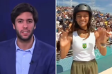 Caio Coppolla na CNN Brasil; Rayssa Leal nas Olimpíadas de Paris. (Captura de tela/Instagram/boletimcoppolla/Reprodução YouTube)