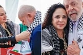 Lula e uma representante do Comitê Catarinense de Solidariedade ao Povo Palestino. (Foto: Instagram/comitepalestinasc).