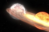 Representação artística da T Coronae Borealis, um sistema binário a aproximadamente 3 mil anos-luz da Terra que será visível na Terra a olho nu. (Foto: NASA/Goddard Space Flight Center)