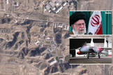 Imagens de satélite de alvos de Israel no Irã; no destaque: aiatolá Ali Khamenei, caças israelenses. (Captura de tela/YouTube/The Sun)