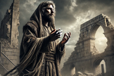 A tristeza e a desolação do profeta Jeremias em meio às ruínas de Jerusalém. (Imagem ilustrativa criada por IA)