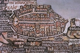 O mapa de Madaba representando a histórica Jerusalém faz parte de um mosaico no chão da antiga igreja bizantina de São Jorge em Madaba, Jordânia. (Foto: Domínio público/Wikipédia)