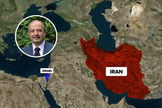 O pastor Lazarus Yeghnaza, no destaque; mapa regional do Oriente Médio: Israel e Irã. (Captura de tela/YouTube/Erick Stakelbeck on TBN)
