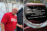 Vladimir e seu carro, coberto por versículos bíblicos, usados para evangelizar pelas ruas da Rússia. (Foto: William Immink)