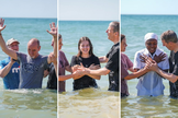 Batismo coletivo aconteceu na Praia de Bournemouth, na Inglaterra. (Foto: lansdownechurch)