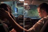 O motorista e o jovem cristão no veículo. (Foto: Reprodução/Instagram/João Basques)