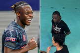 O jogador do Manchester City, Jeremy Doku, em campo e em seu batismo. (Captura de tela / Wikimedia / Instagram / Jeremy Doku)