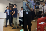 Policiais à paisana retiram o pastor (à esquerda) do púlpito, enquanto os membros são abordados e intimidados. (Foto: Captura de tela/ChinaAid)