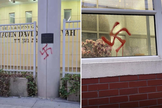 Pichação de símbolos nazistas na Magen David Yeshiva, no Brooklin. (Imagem: Twitter/Kalman Yeger/Deputada Nicole Malliotakis)