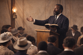 O líder pentecostal William Seymour pregando a mensagem bíblica durante um culto no início do século XX. (Imagem ilustrativa gerada por IA)