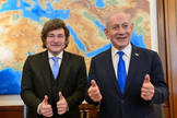 O primeiro-ministro Benjamin Netanyahu (à direita) junto ao presidente argentino Javier Milei em Jerusalém, em 19 de abril de 2026. (Foto: Kobi Gideon/GPO)