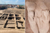 Sítio arqueológico e estátua maciça atribuída a Ramsés II. (Foto: Ministério do Turismo e Antiguidades)
