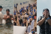 Pessoas se reúnem para serem batizadas na Pirate’s Cove. (Captura de tela / Baptize California)