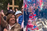 Participantes erguem cruzes durante a marcha “Unir o Reino”, em Londres. (Captura de tela/Instagram/destra.forthenations/Rikki Doolan)