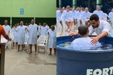 Mais de 20 presos foram batizados nas águas dentro da penitenciária. (Foto: Instagram/Projeto Recomeço).