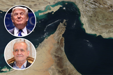 Estreito de Ormuz visto por satélite; em destaque, Masoud Pezeshkian e Donald Trump. (Foto: NASA/Wikimedia Commons)
