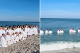 Fiéis participam de batismo nas águas realizado pela Potters House em uma praia da Flórida. (Captura de tela/Instagram/pottershousefl)