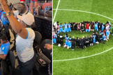 Torcedores da RD Congo louvam a Deus nas arquibancadas, enquanto jogadores e comissão técnica se ajoelham em oração após a partida. (Captura de tela/Instagram/JuniorMuhubao; X/BallersinGod)