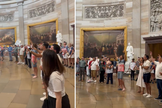 Cristãos participam de um culto de louvor na rotunda do Capitólio, durante as celebrações dos 250 anos dos EUA. (Captura de tela/X/Sean Feucht)