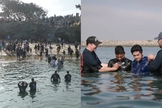 O batismo foi realizado pela Harvest Church na praia Pirate’s Cove. (Foto: Reprodução/YouTube/harvest.church).