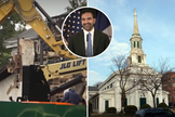 Escavadeira inicia a demolição da histórica South Bushwick Reformed Church; no destaque, o prefeito de Nova York, Zohran Mamdani. (Captura de tela/Newsmax)
