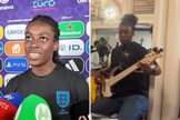 Michelle Agyemang após vitória na EURO 2025 e tocando baixo no ministério de louvor. (Captura de tela/YouTube/HaytersTV; Instagram/joseph.mo23)