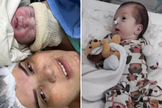 Letícia Cristina com seu filho Noah Gabriel no dia do nascimento e, à direita, o bebê durante a recuperação após deixar a UTI. (Fotos: Arquivo pessoal)