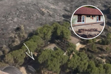 Vista aérea mostra a área devastada pelo incêndio ao redor do acampamento cristão Pinos Reales, cujos edifícios permaneceram intactos. (Foto: EEA)