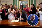 Governadora de Massachusetts, Maura Healey, durante a assinatura da lei do aborto; no destaque, o evangelista Franklin Graham. (Foto: @MassGovernor/X/Divulgação)