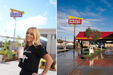 Lynsi Snyder, presidente e proprietária da In-N-Out Burger, e uma unidade da rede nos Estados Unidos. (Foto: Divulgação)