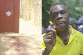 Porta da igreja onde ocorreu o massacre e homem que lamentou a morte de oito familiares. (Foto: Captura de tela/YouTube/AFP Português)