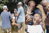 Homem com paralisia é batizado em um riacho, com a ajuda de membros da igreja. (Foto: Parkway Baptist Church)