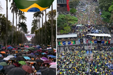 Manifestações do 7 de Setembro na Praça da Liberdade, em Belo Horizonte (à esquerda), e na Avenida Paulista, em São Paulo (à direita). (Capturas de tela: Instagram/Nikolas Ferreira/Silas Malafaia)
