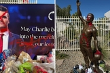 A placa e a estátua de Charlie Kirk vandalizadas nos EUA. (Foto: Reprodução/X/Turning Point USA)