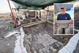 Escavações em Betsaida-Julias, às margens do Mar da Galileia; no detalhe, Dr. Steven Notley com parte de um capitel dórico. (Foto: Center for the Study of Ancient Judaism & Christian Origins)