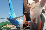Voo da flydubai após pouso de emergência; à direita, passageiro que ajudou a conter o suposto agressor, com sangue do capitão nas roupas. (Captura de tela/Times of Israel)