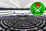 Plenário do Parlamento Europeu e emblema da Irmandade Muçulmana. (Montagem: Wikimedia Commons)