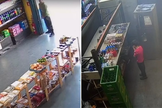 Imagens de câmeras de segurança mostram um dos criminosos na entrada da adega e o menino orando durante o assalto. (Captura de tela/R7)