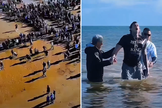 Batismo coletivo reúne cerca de 550 pessoas em praia da Inglaterra. (Captura de tela/Instagram/Merlin Kraft)