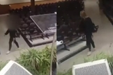 A mulher atirou contra o telão e a mesa de som do templo. (Foto: Reprodução/Inter 1/Reprodução/Instagram/band_minas).