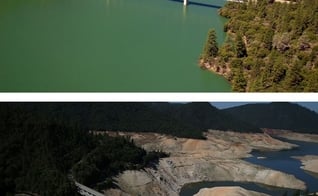 Montagem compara a região da Ponte Enterprise, que cruza o Lago Oroville, na Califórnia. A primeira foto é de 20 de julho de 2011. A segunda, de 19 de agosto de 2014. Terceiro ano consecutivo de seca obrigou o estado a tomar medidas drásticas para economi