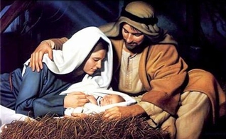 Jesus na manjedoura com José e Maria