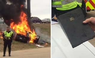  Uma Bíblia também foi recuperada sem nenhum dano, apesar do carro ter sofrido perda total. (Foto: Reprodução/CNN)