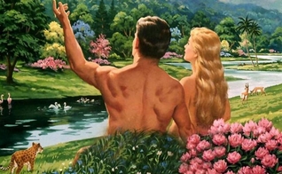 Ilustração sugere cena de Adão e Eva no Jardim do Eden.