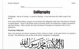 Atividade de "caligrafia" pedia que os alunos escrevessem declaração de fé islâmica. (Imagem: Teacher Created Resources)