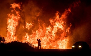 Motorista assiste as chamas do incêndio Thomas ao norte de Ventura, na Califórnia. (Foto: AP/Noah Berger)