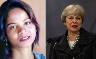Asia Bibi (esquerda) está sendo ameaçada de morte por extremistas islâmicos, mesmo após sua absolvição. A primeira-ministra Theresa May (direita) disse que a segurança da paquistanesa é a "principal preocupação" do Reino Unido. (Foto: Voice of Europe)