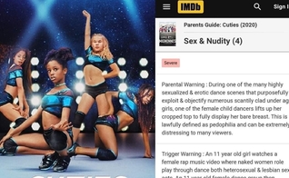 Imagem compartilhada no Twitter mostra banner de divulgação de "Cuties", usado pela Netflix anteriormente e print do aviso do IMDb sobre o conteúdo ofensivo do filme. (Imagem: Twitter)